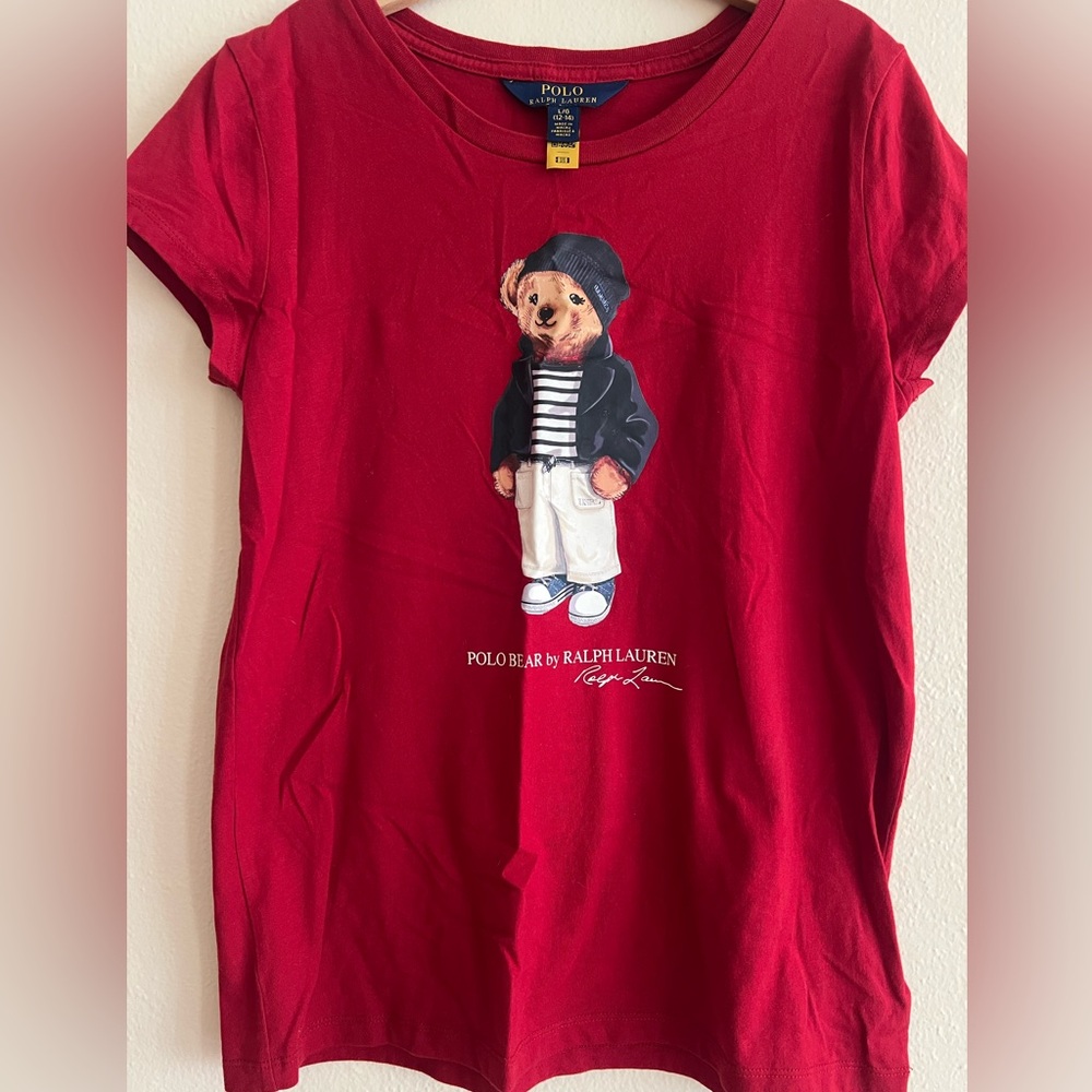 New Polo by Ralph Lauren Kids Maroon Teddy Bear Graphic Tee Shirt Size 12 -14 LG - Picture 4 of 6